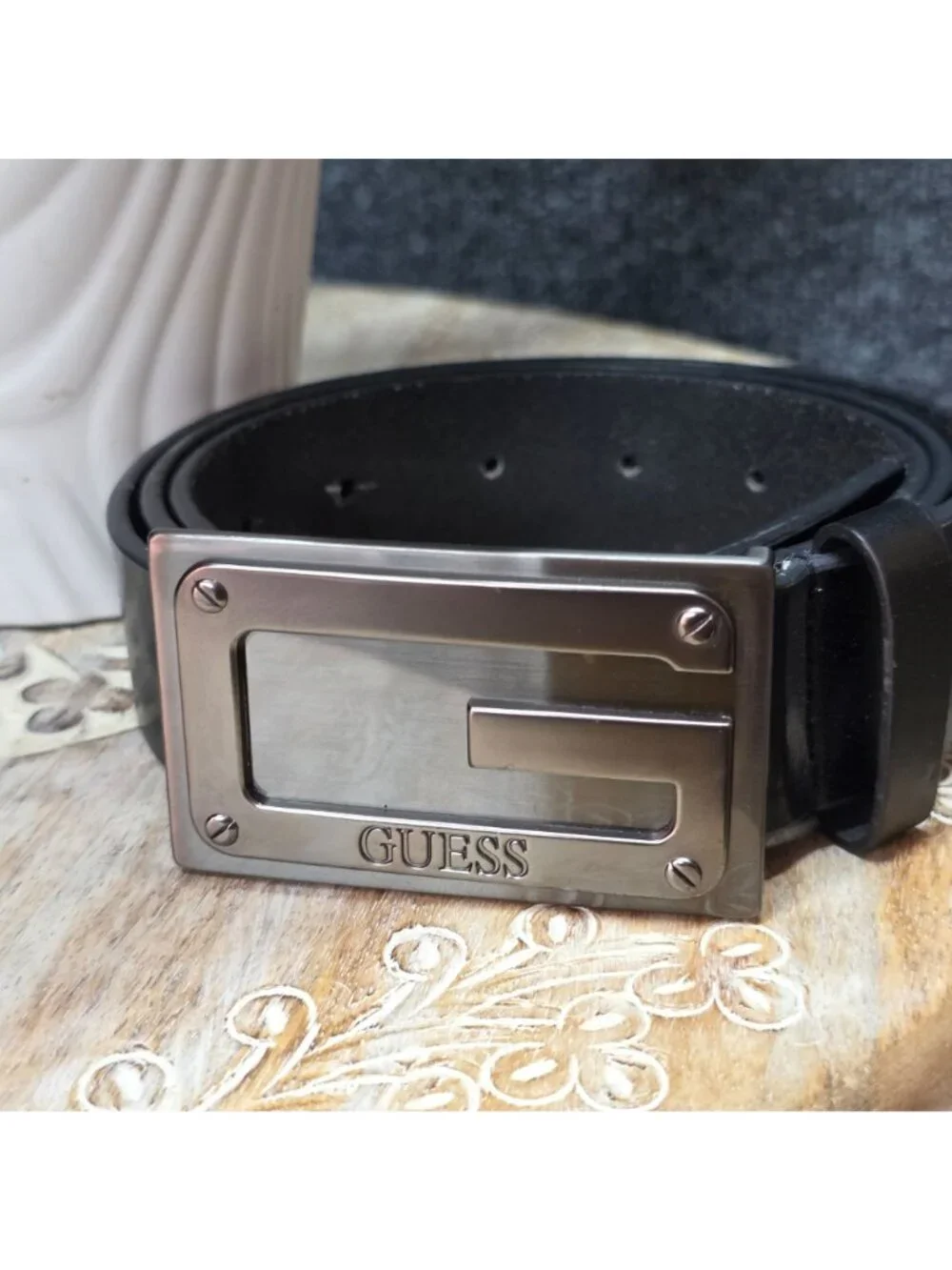 Guess Black Genuine Leather G Logo Plaque Belt Silver Buckle Size 38 Casual Mod